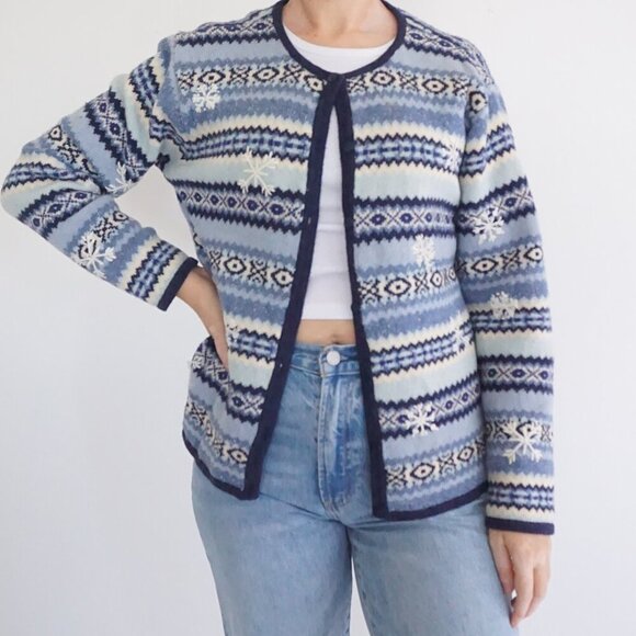 Vintage Talbots Blue White Knit Winter Snowflake Button Up Cardigan Sweater XL - Picture 1 of 10